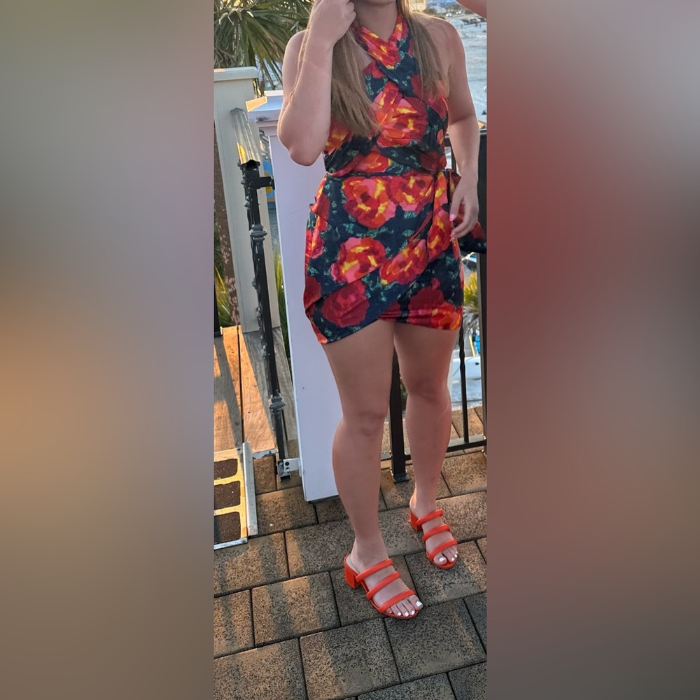 Trini Satin Floral Halter Neck Mini Wrap Dress